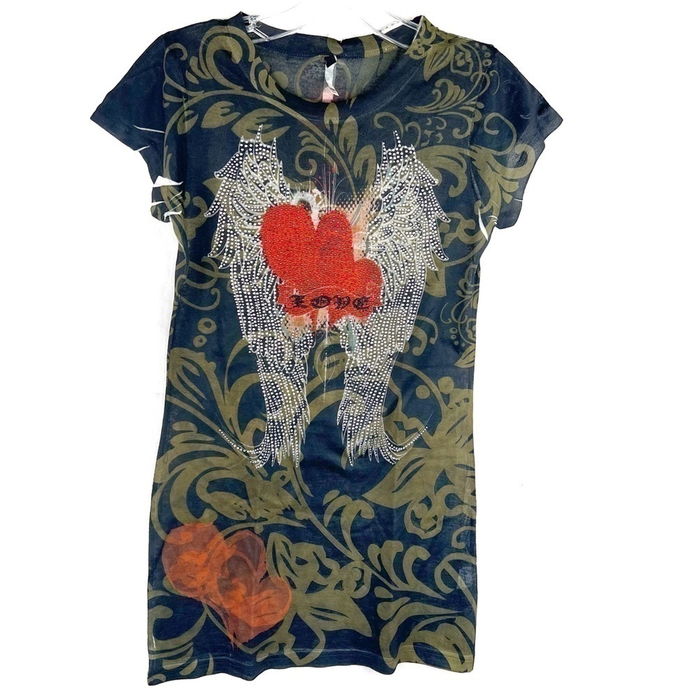 NEW-H.I.P tee brand scroll design, rhinestone angel wings crewNeck t-Shirt top M